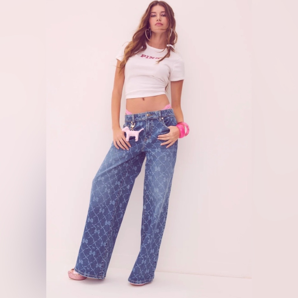 NWT PINK x LoveShackFancy Denim Baggy High Rise Jeans in Bright Medium Wash -4